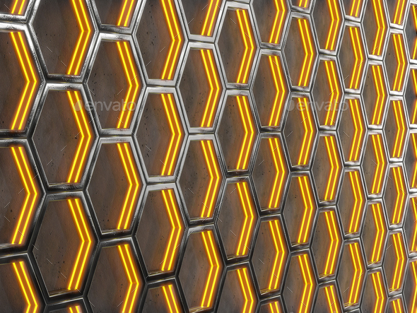 Glowing hexagonal cells on a concrete background. Abstract background with geometric structure. - Stock Photo - Images