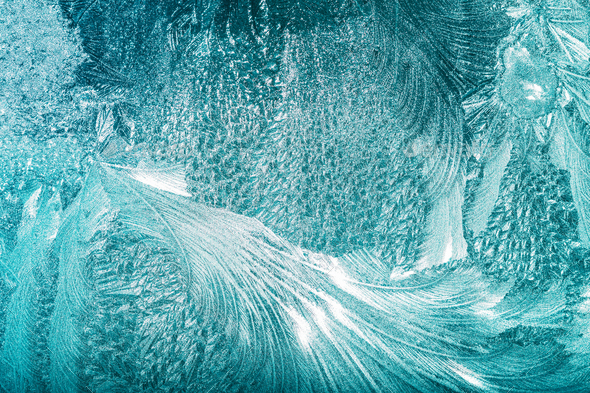 Blue Frosty Glass Ice Background, Natural Beautiful Snowflakes Frost Ice Pattern. Winter Xmas - Stock Photo - Images