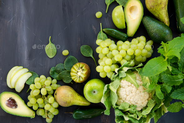 All Green Vegetables And Fruits On Dark Background Stock Photo By Manuta