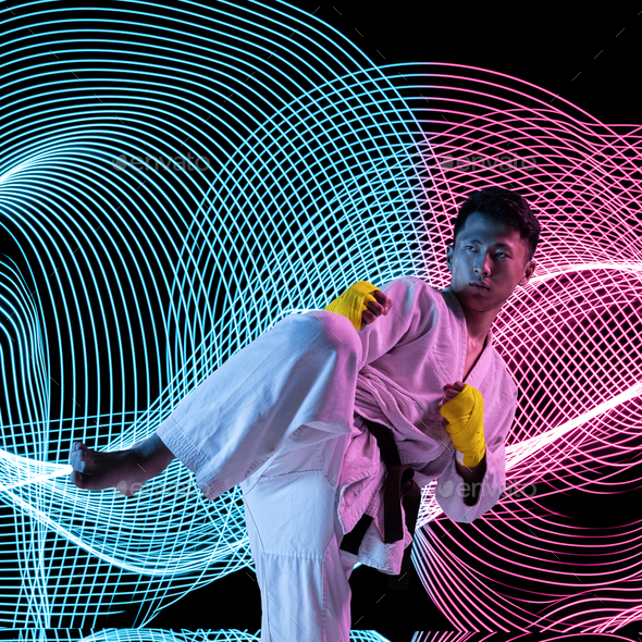 Creative sport and neon waves on dark neon lighted line background - Stock Photo - Images