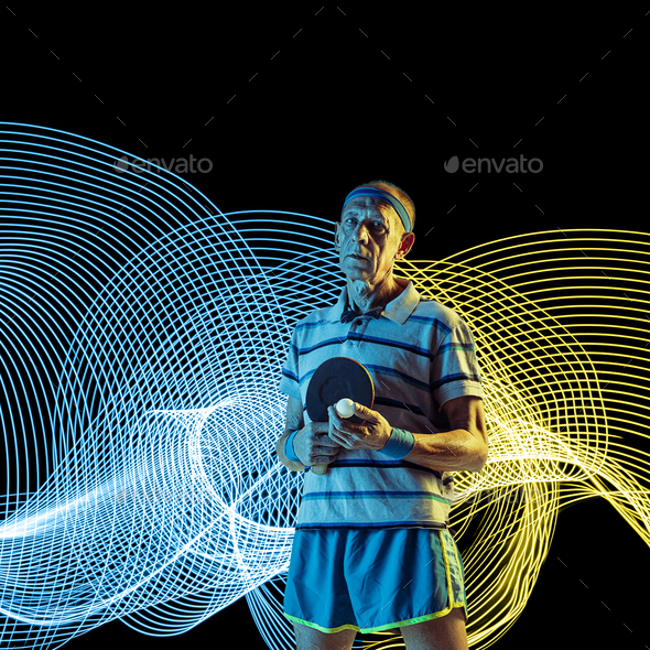 Creative sport and neon waves on dark neon lighted line background - Stock Photo - Images