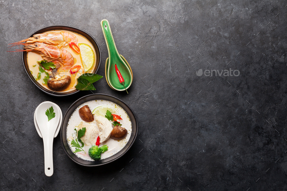 Tom Yum and Tom Kha traditional Thai soups - Stock Photo - Images