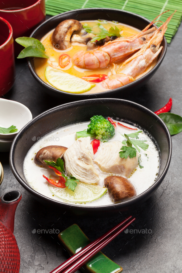 Tom Yum and Tom Kha traditional Thai soups - Stock Photo - Images