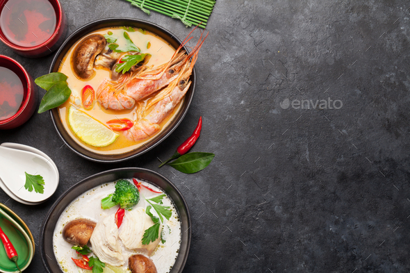Tom Yum and Tom Kha traditional Thai soups - Stock Photo - Images