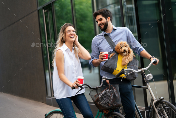 Bicycle, love, couple, relationship and dating concept. Couple with bicycles in the city