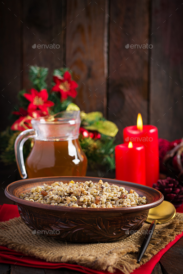 Kutya. Christmas porridge made of wheat grains, poppy seed, nuts ...