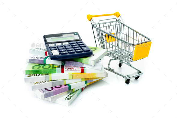 Shopping cart with euro. Cash and calculator. Concept of shopping for the best deal before buying.