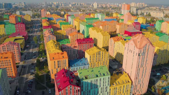Aerial View of Colorful Buildings on City Street