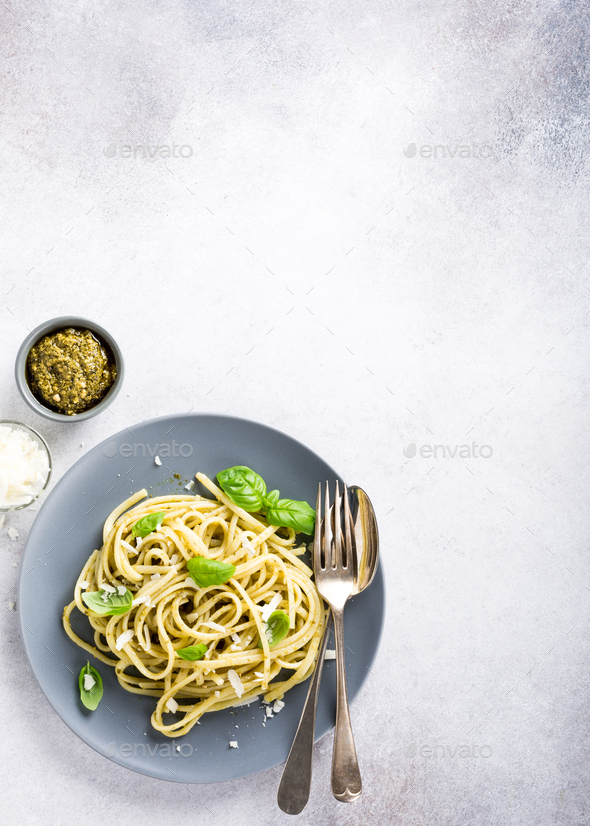 Linguine with green pesto Stock Photo by Merinka PhotoDune