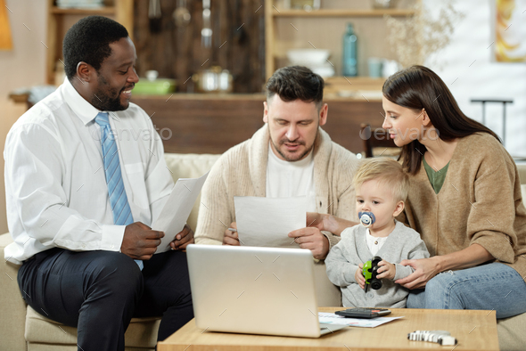 Young family and bank consultant at home