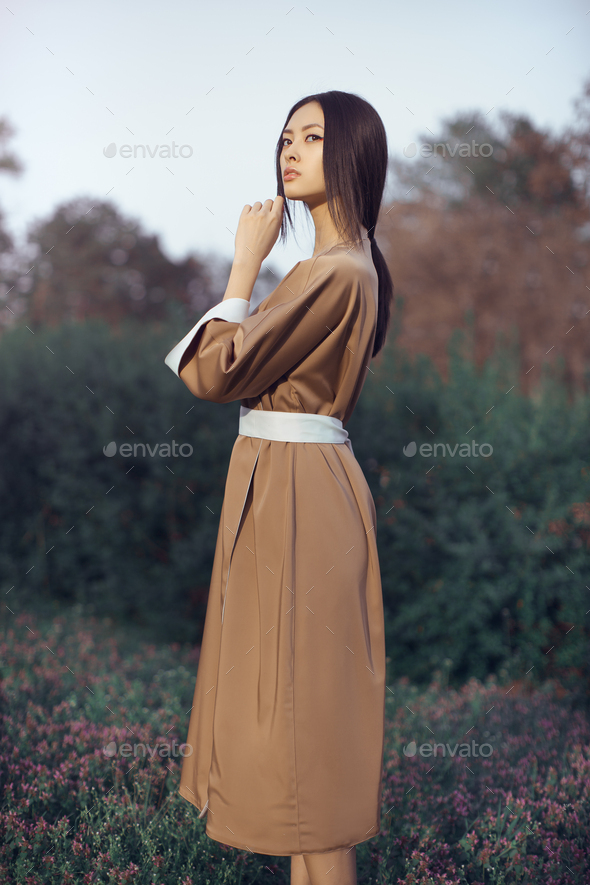 Asian woman in traditional japanese kimono outdoors - Stock Photo - Images