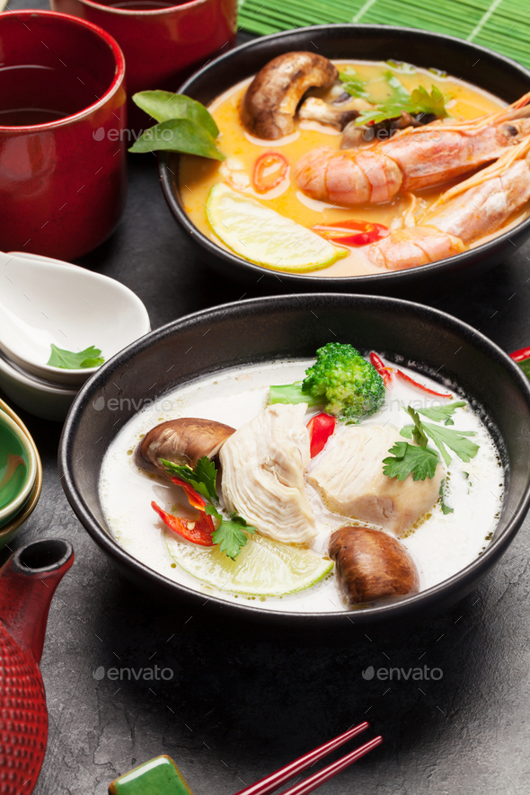 Tom Yum and Tom Kha traditional Thai soups - Stock Photo - Images