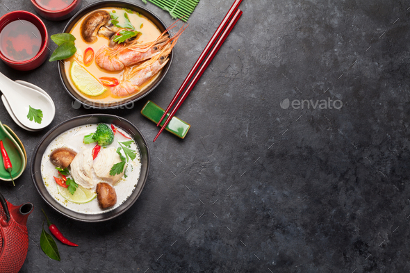 Tom Yum and Tom Kha traditional Thai soups - Stock Photo - Images