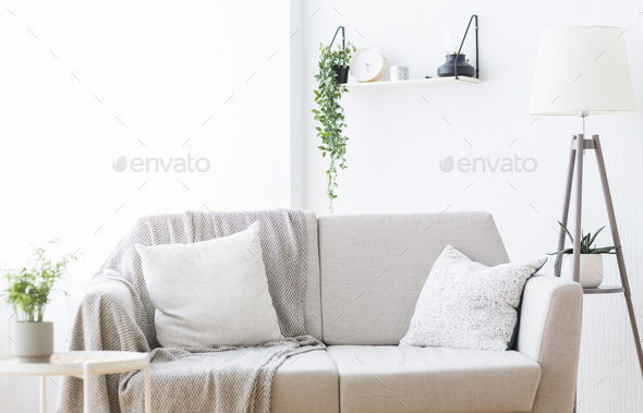 Modern light couch at living room interior, empty space
