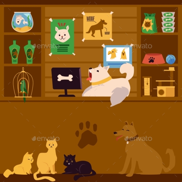 Pet Shop Interior with Cartoon Animals As Sellers, Vectors