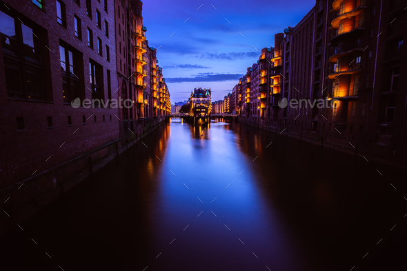 Wide perspective of Warehouse District - Speicherstadt in twilight. Tourism landmark of Hamburg - Stock Photo - Images