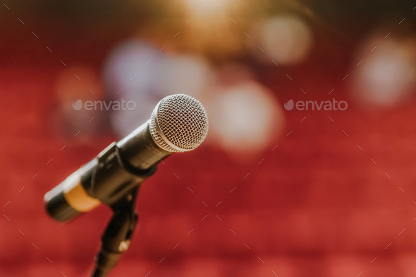 Close Up of Microphone Standing at Stage Before Concert - Stock Photo - Images