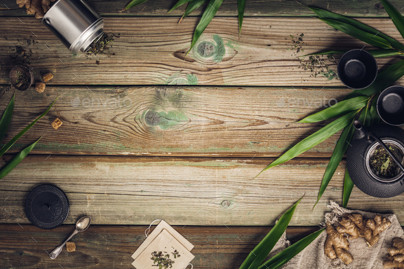 Ginger Tea Composition Flat Lay Making Tea On Wooden Table Background Stock Photo By Klenova