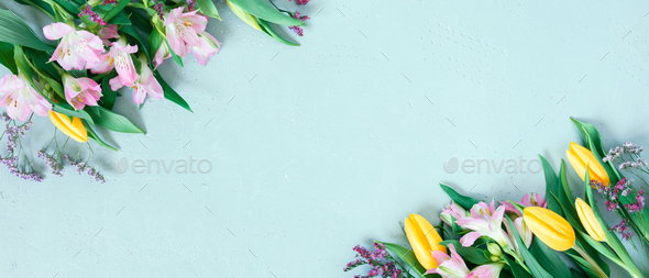 Blue Banner with Spring Flowers