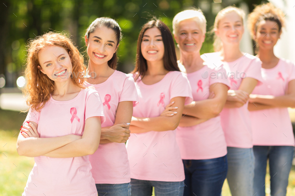 Multiracial Ladies In Pink T-Shirts Standing In Park, Shallow Depth