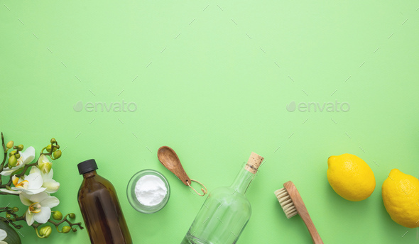Cleaning eco products background, soda, lemon, vinegar