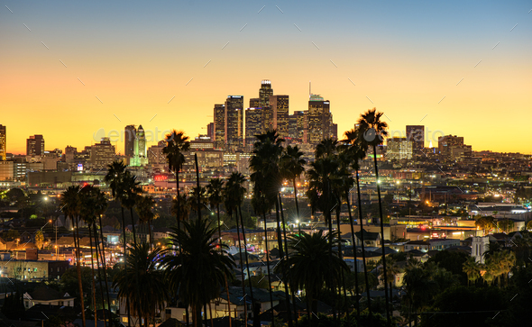 Downtown Los Angeles skyline at sunset - Stock Photo - Images