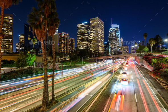 Downtown Los Angeles traffic at night - Stock Photo - Images