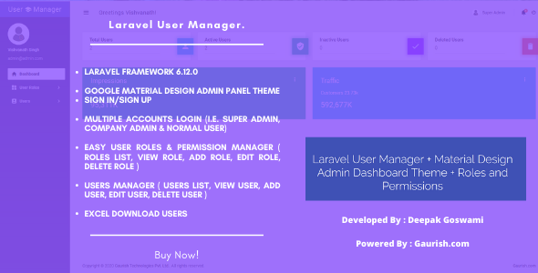 Laravel User Manager + Material Design Admin Dashboard Theme + Roles and Permissions