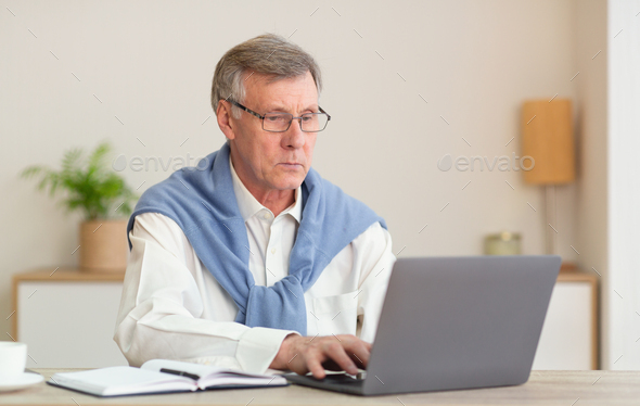 Serious senior gentleman at laptop computer sitting in modern office