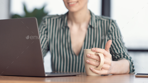 Unrecognizable Businesswoman At Laptop Working Having Coffee In Office, Panorama