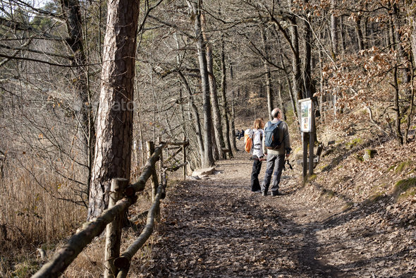 2 people watching a map during a path in the mountain - Stock Photo - Images