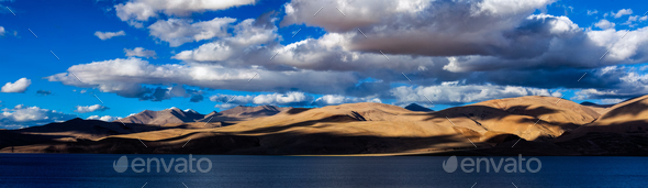 Panorama of Himalayan lake Tso Moriri. Ladakh, India - Stock Photo - Images