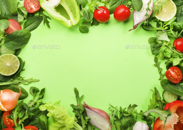 Healthy food background with various green herbs and vegetables Stock Photo  by 5PH