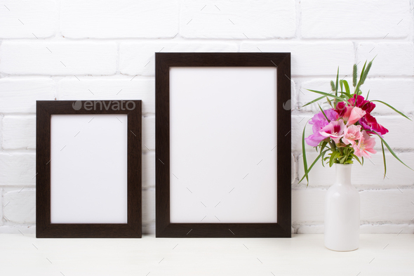 Placeit – Two black brown poster frame mockup with pink clarkia flowers - Stock Photo - Images