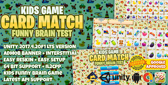 KIDS CARD MATCH UNITY FULL PROJECT + ADMOB + EASY RESKIN + 64BIT SUPPORT