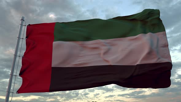 Flag of United Arab Emirates Waving in the Wind Against Deep Beautiful Sky at Sunset alt
