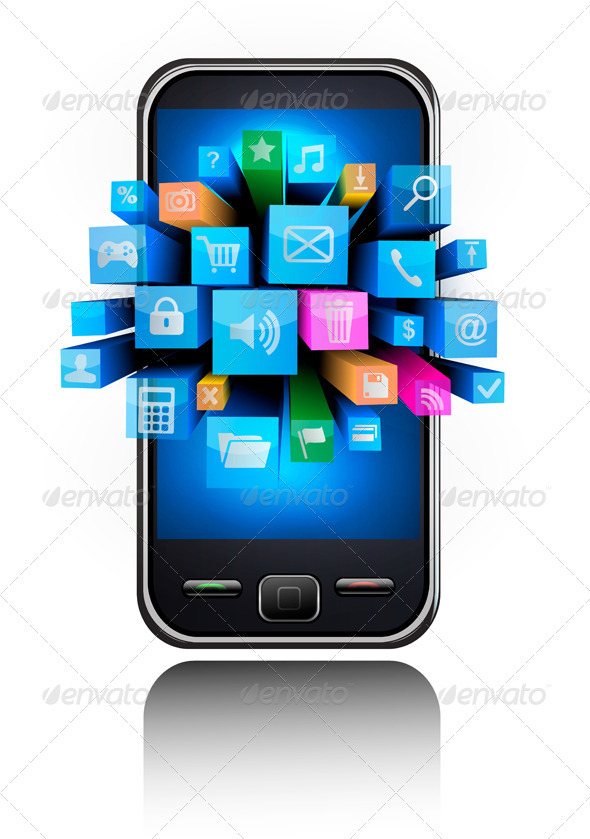 smartphone with blue background and icons - Communications Technology