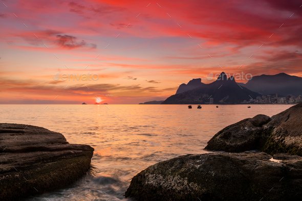 Sunset On The Ocean At Rio De Janeiro Ipanema Beach Brazil Stock Photo By Antonpetrus