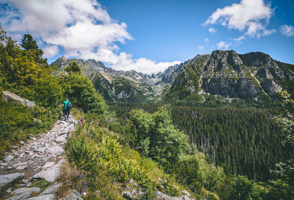 The tourists on the walking path. Tatra background - Stock Photo - Images