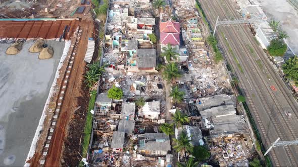 Foggy aerial view of the construction of a football stadium alt