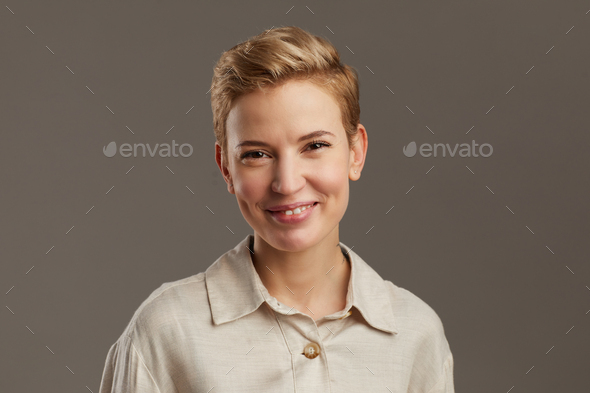 Short Haired Young Woman on Grey