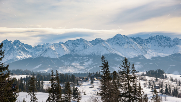 Panoramic winter landscape of High Tatra Mountains