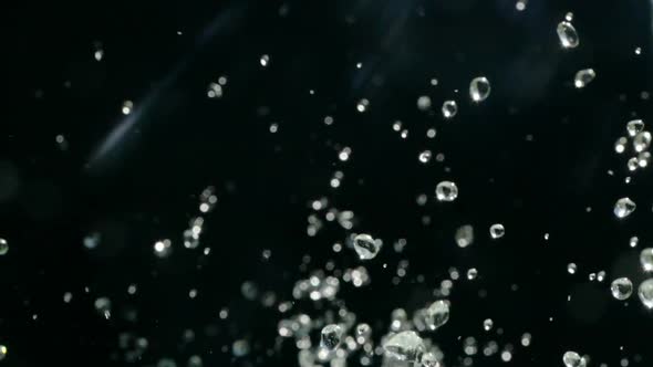 Water Droplets Rise in the Air Against Black Background. Slow Motion Water Splash on Black alt