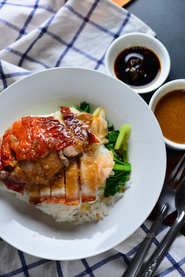 Rice roasted duck and crispy skin pork belly with gravy sauce Stock