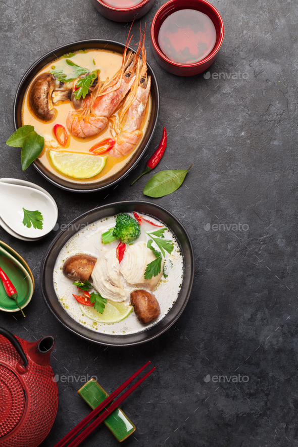 Tom Yum and Tom Kha traditional Thai soups Stock Photo by karandaev
