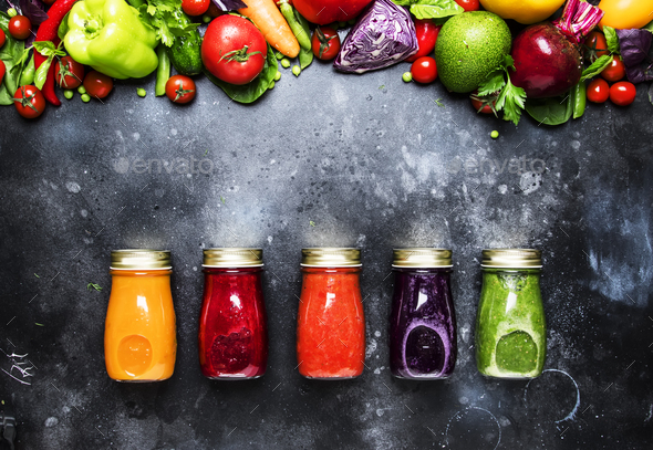 Food and drinks, healthy and useful multicolored vegetable juices and smoothies