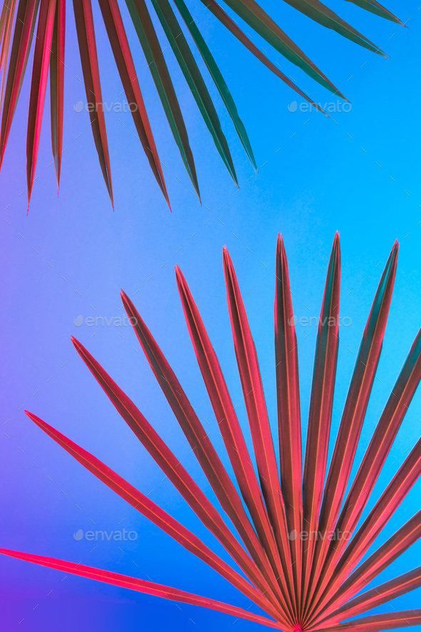 Tropical and palm leaves in vibrant bold gradient holographic neon colors. Concept art.