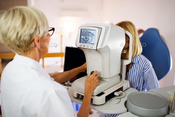 Ophthalmology eyesight diagnostic concept. Modern eye test machine equipment in clinic