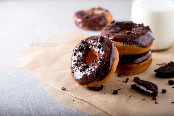 Pastries concept. Donuts with chocolate glaze