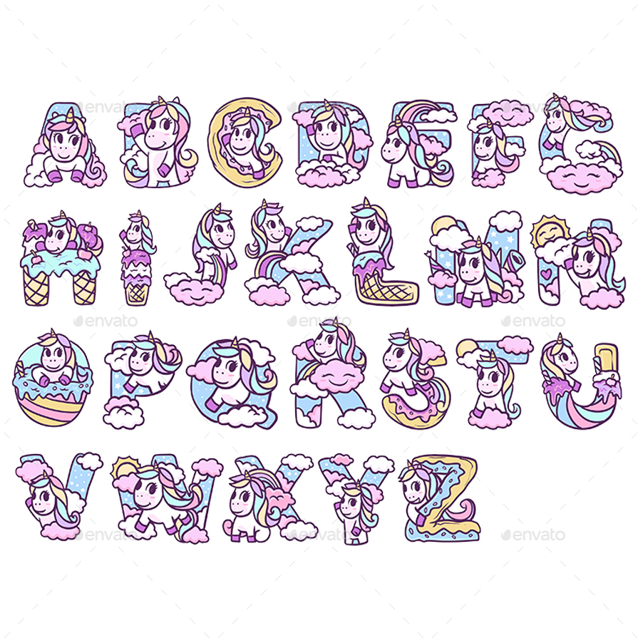 unicorn themed alphabet by buayaxart graphicriver